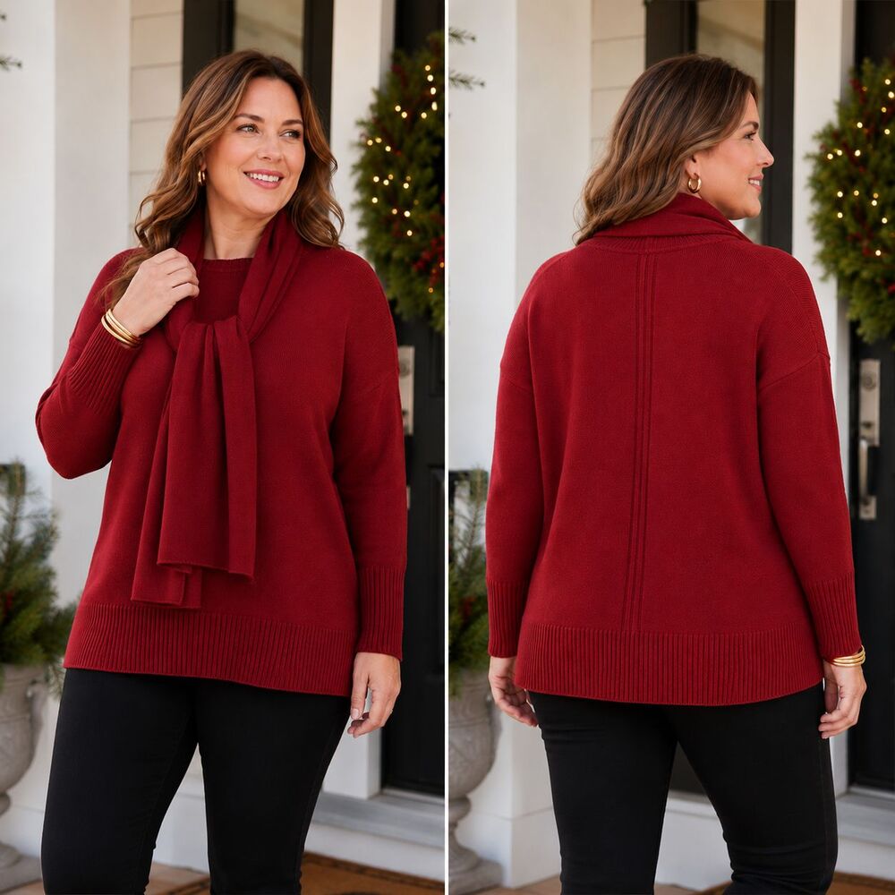 J Jill Detachable Scarf Crew Neck Sweater Large Dark Red Pepper Cotton Holiday